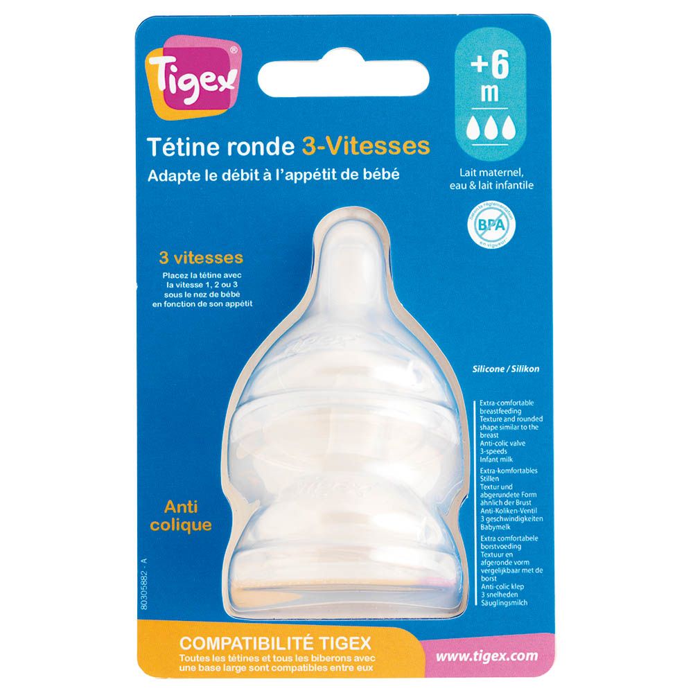 Tigex - 3 Speed Wide Neck Silicone Teats 6m+ - Pack of 2 - Clear