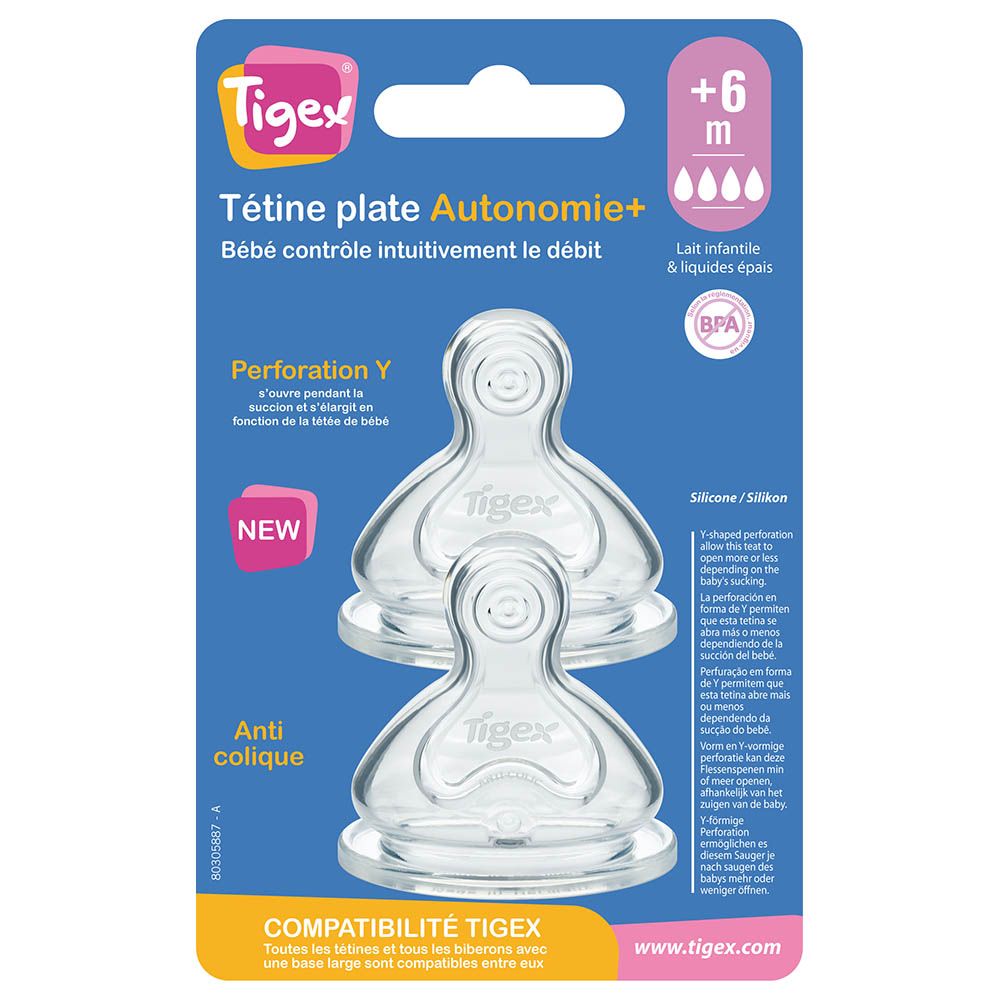 Tigex - Autonomy+ Wide Neck Silicone Teats 6m+ - Pack of 2 - Clear