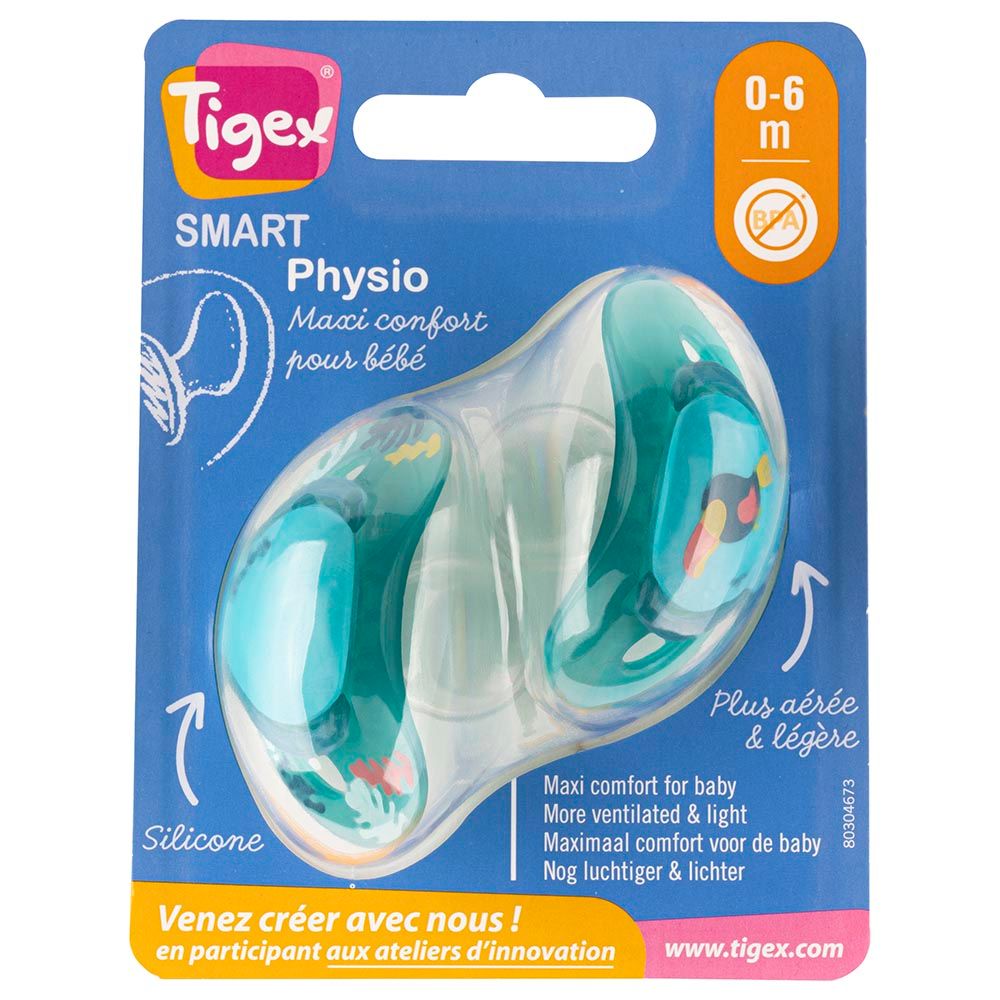 Tigex - Smart Silicone Pacifiers 0-6m - Pack of 2 - Toucan Boy - Blue