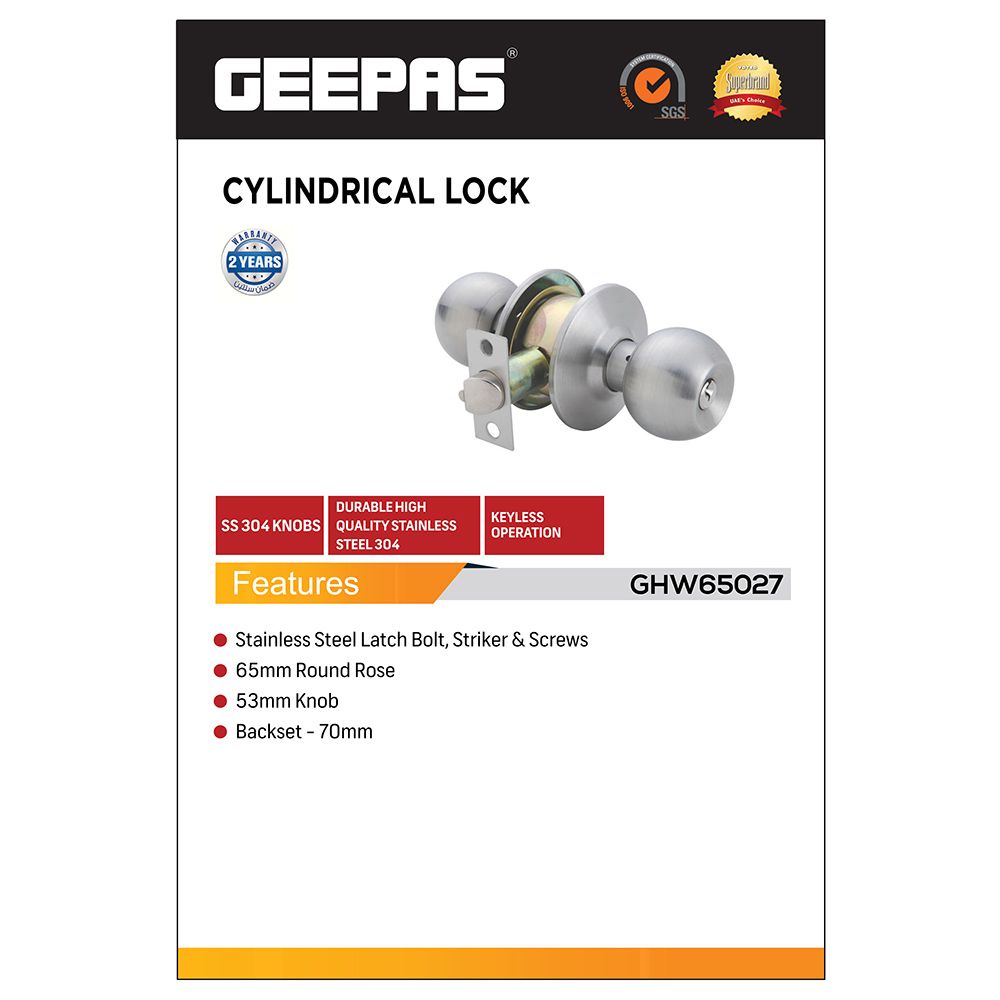 Geepas - Stainless Steel Cylindrical Lock - Security Lock