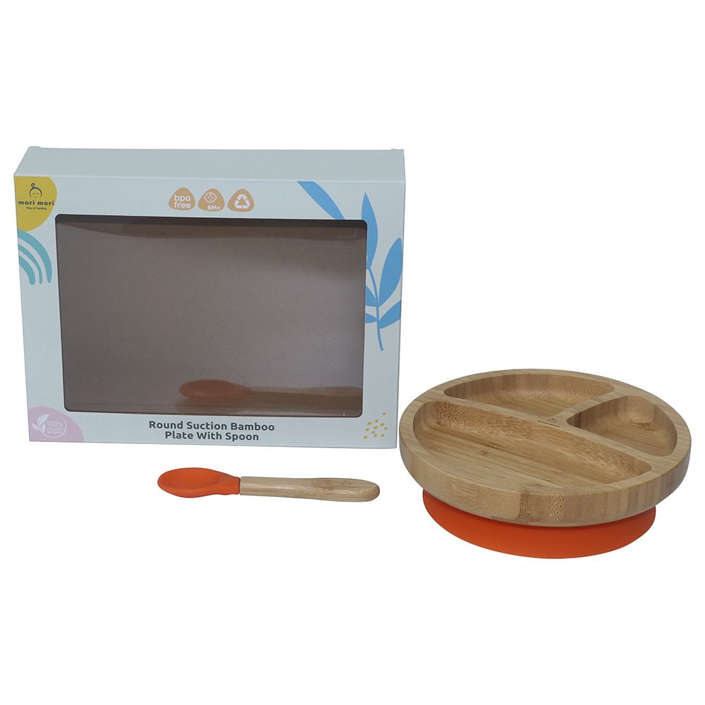 Mori Mori - Round Plate w/ Spoon & Silicone Suction - Orange