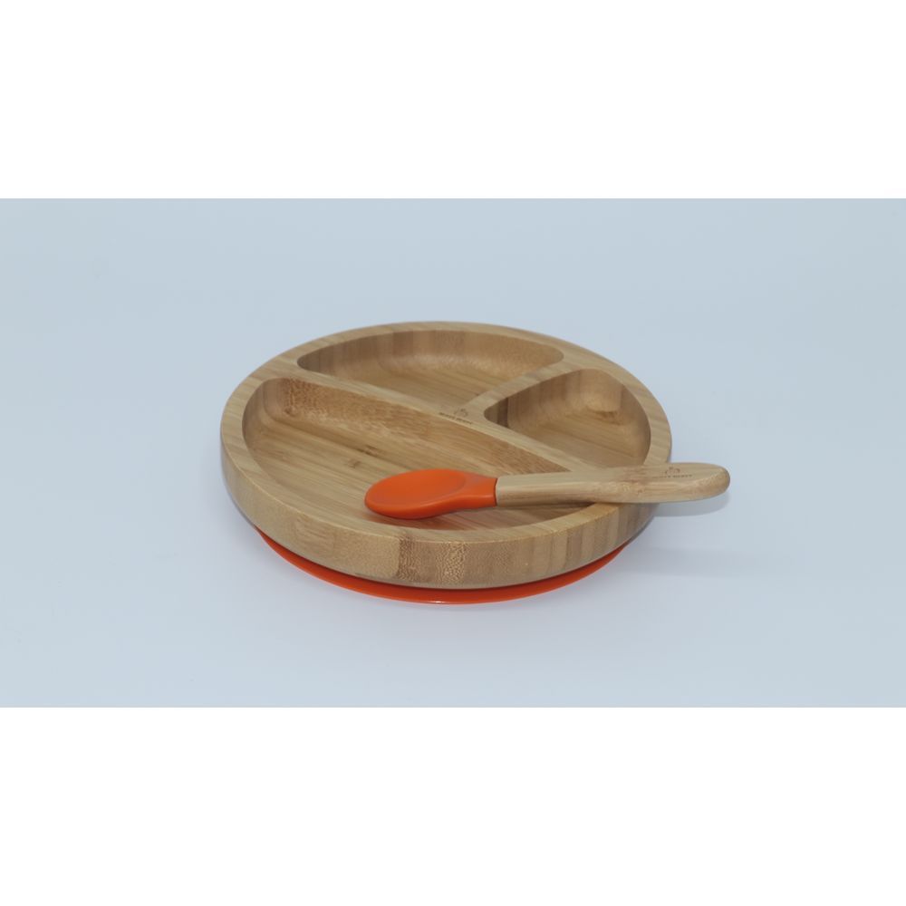 Mori Mori - Round Plate w/ Spoon & Silicone Suction - Orange