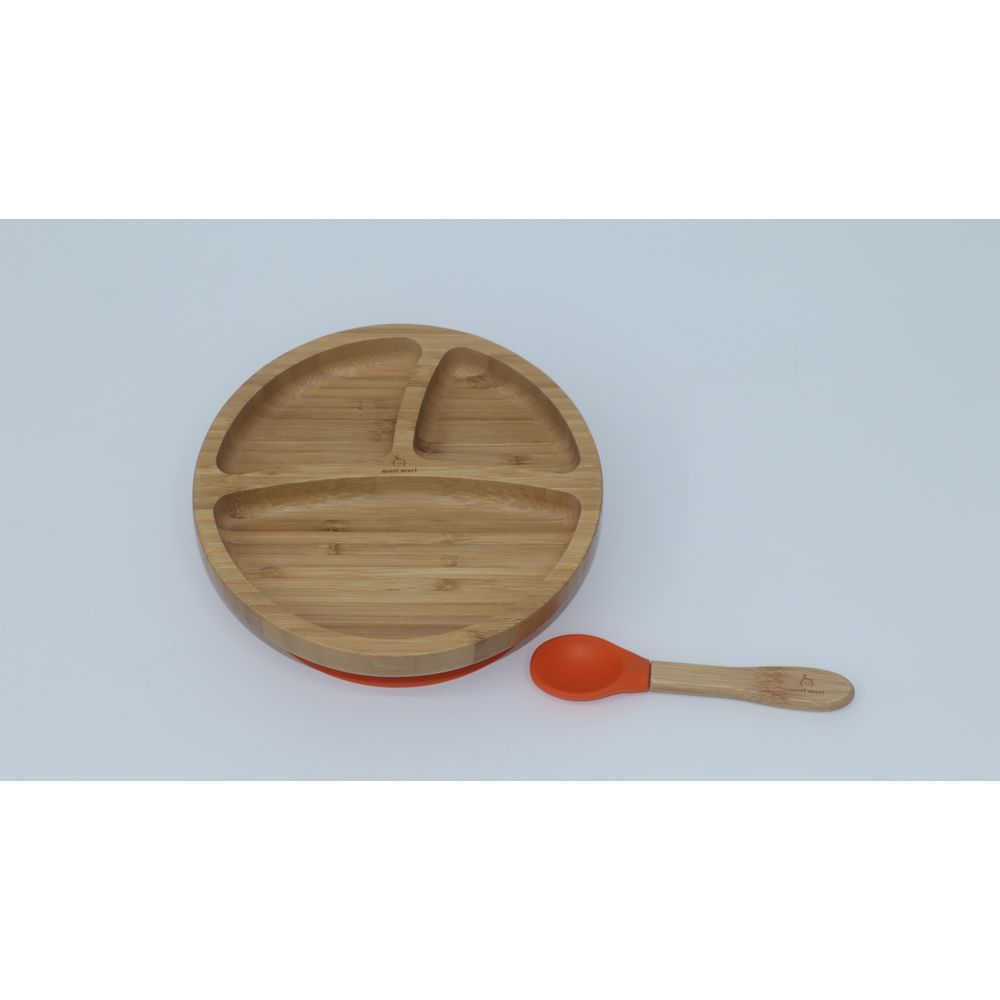 Mori Mori - Round Plate w/ Spoon & Silicone Suction - Orange