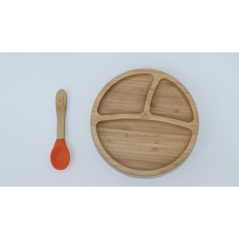 Mori Mori - Round Plate w/ Spoon & Silicone Suction - Orange