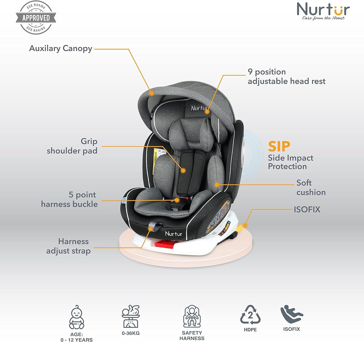 Nurtur - 4-In-1 Ultra Baby Car Seat Isofix 9 w/ Canopy - Shiny Grey