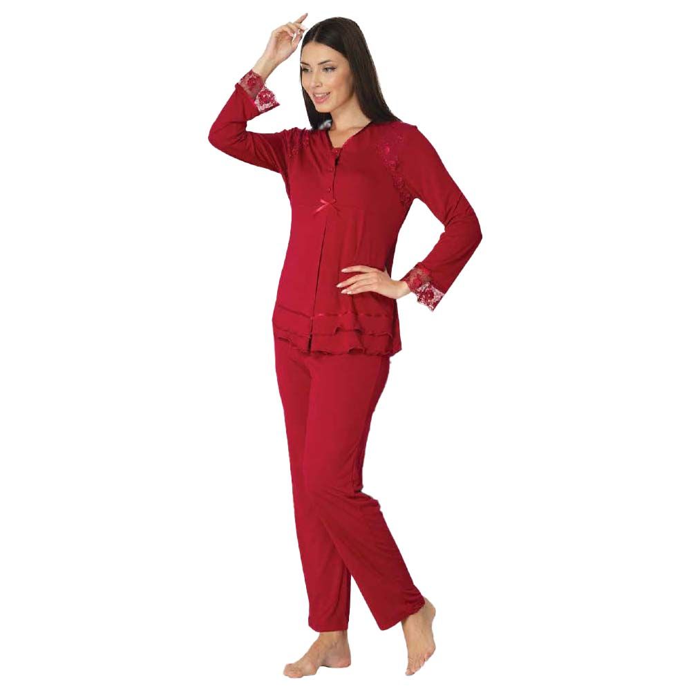 Mini Plum - Lace Maternity Pajamas Set - Red