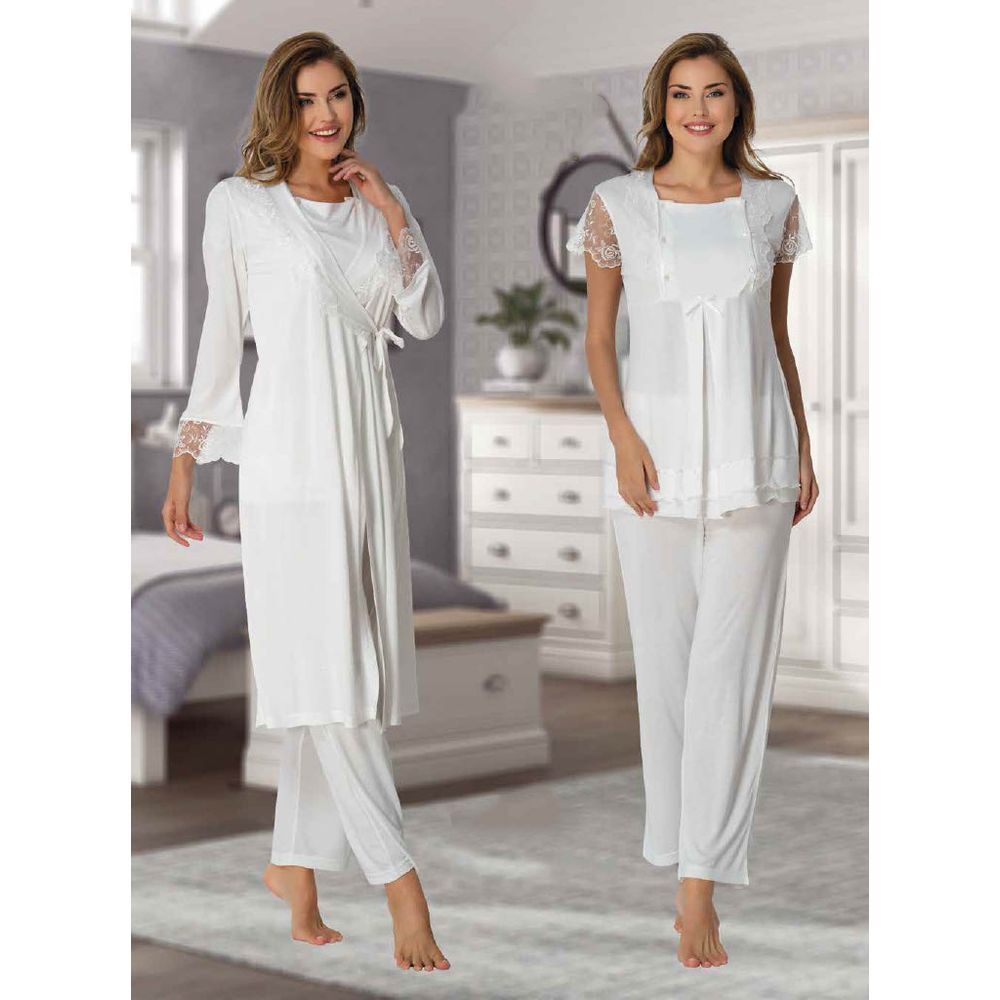 Mini Plum - 3pc-Set - Lace Maternity Pajamas & Robe - White