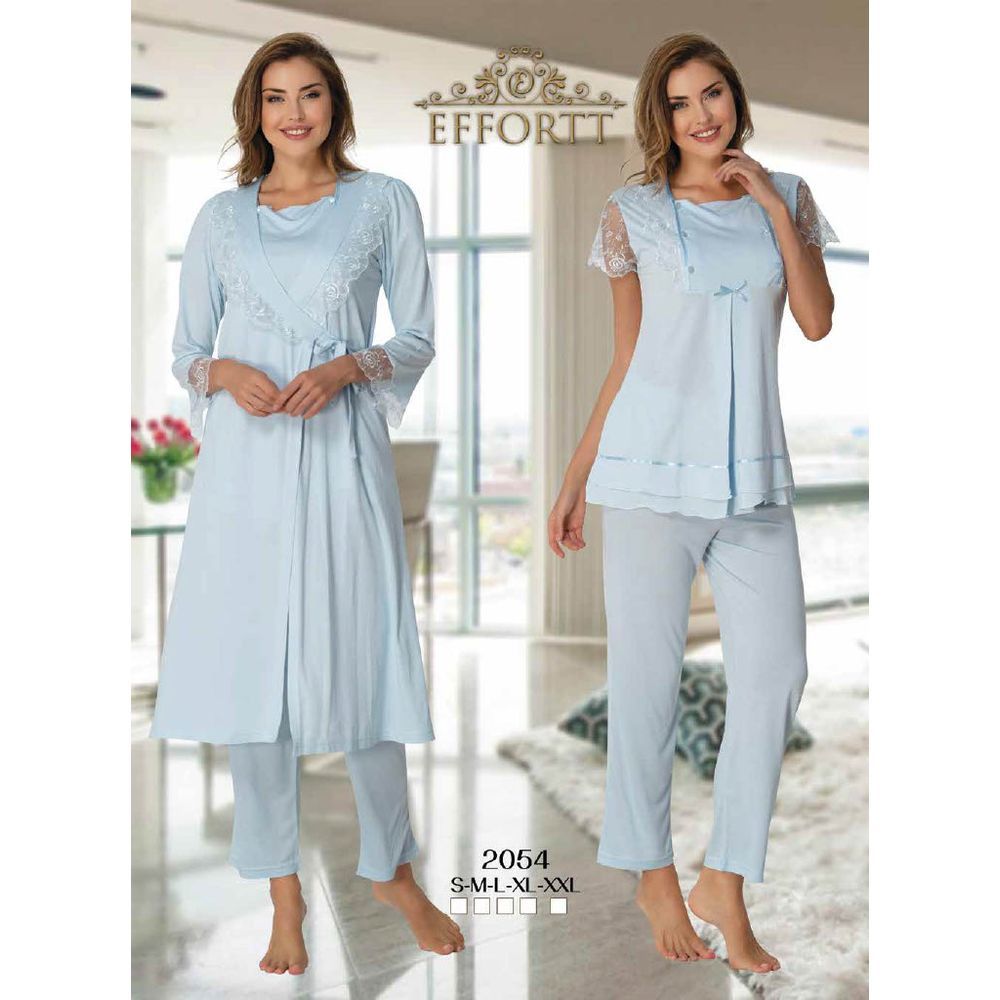 Mini Plum - 3pc-set - Lace Maternity Pajamas w/ Robe - Blue