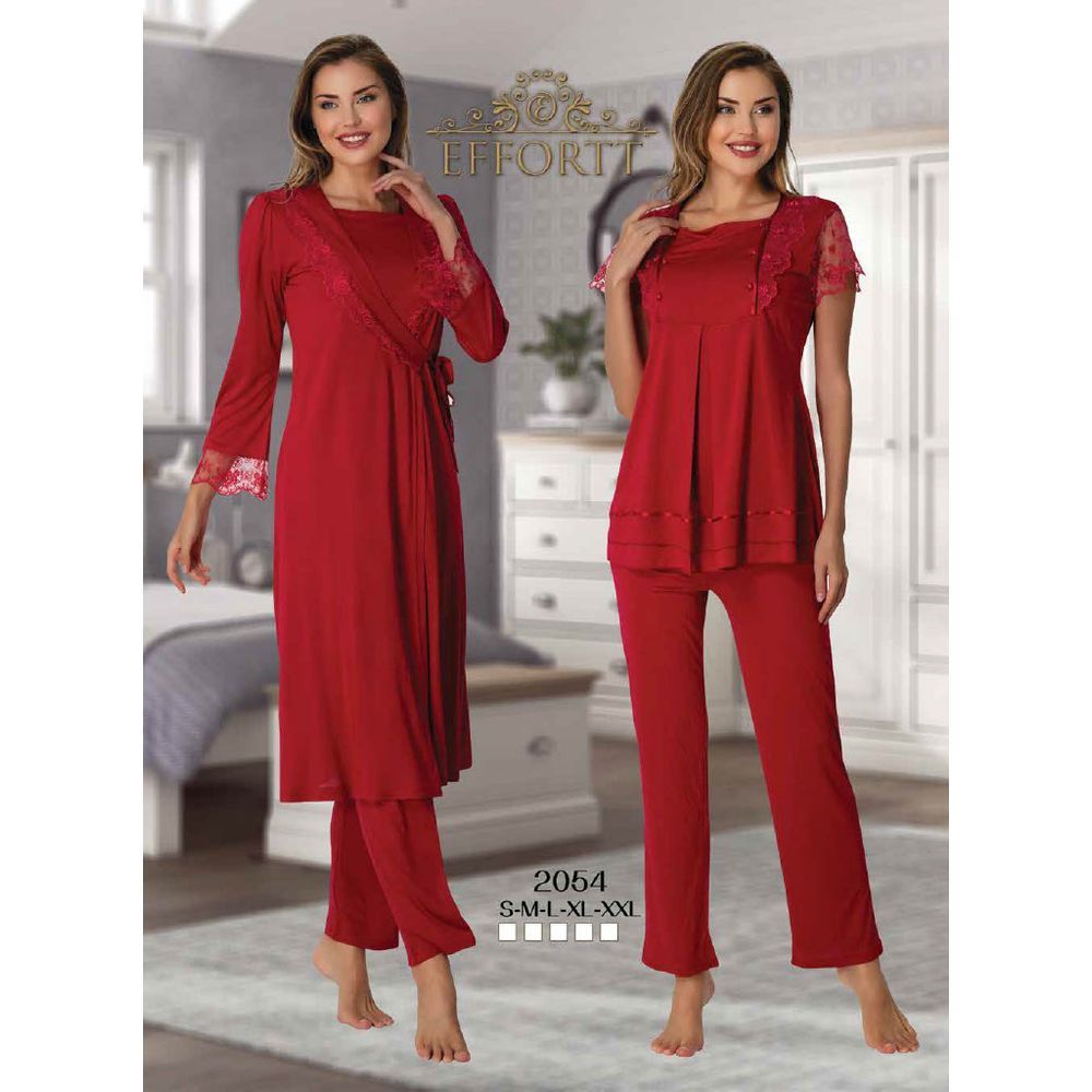 Mini Plum - 3pc-set - Lace Maternity Pajamas w/ Robe - Red