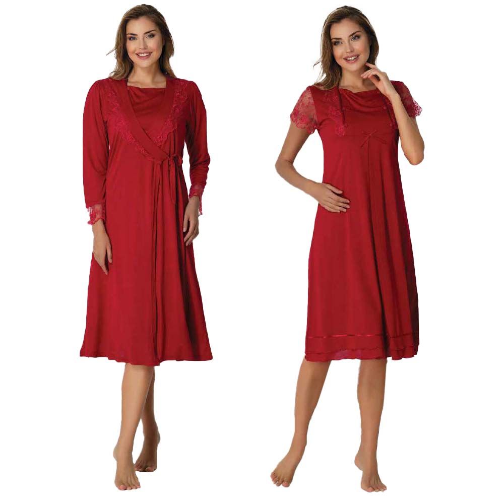 Mini Plum - 2pc-set - Lace Maternity Nightwear w/ Robe - Red