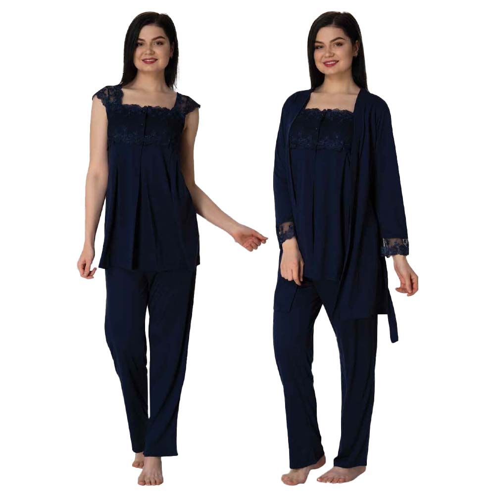 Mini Plum - 3pc-set - Lace Maternity Pajama Set - Navy