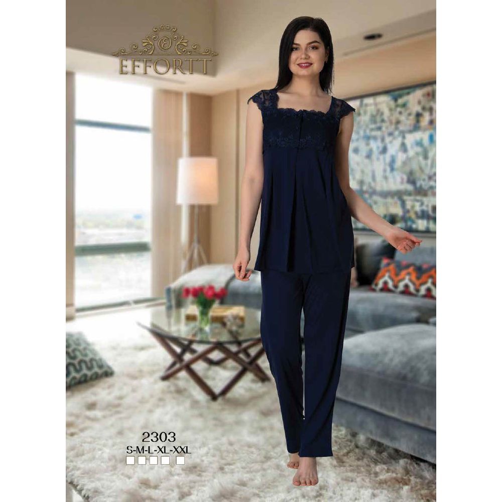 Mini Plum - Lace Sleeves Maternity Pajamas Set - Navy