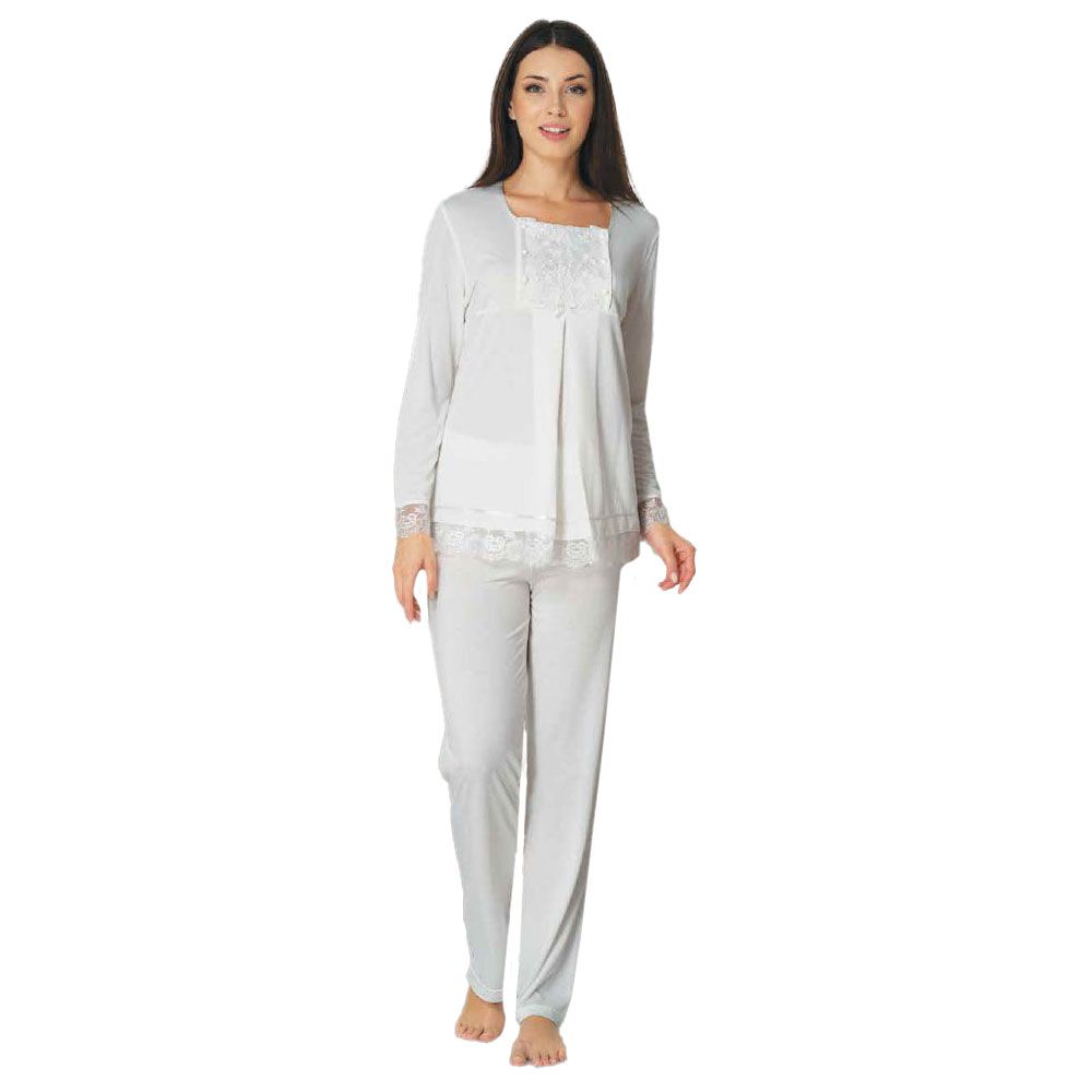 Mini Plum - Lace Detail Maternity Pajamas Set - White