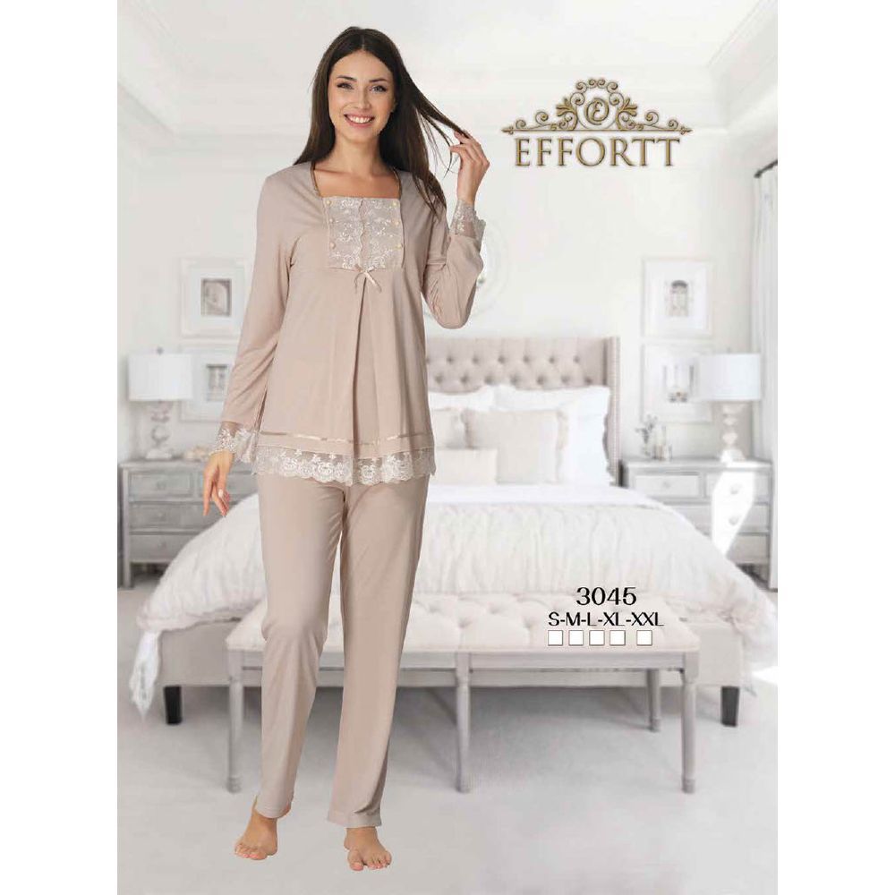 Mini Plum - Lace Detail Maternity Pajamas Set - Beige