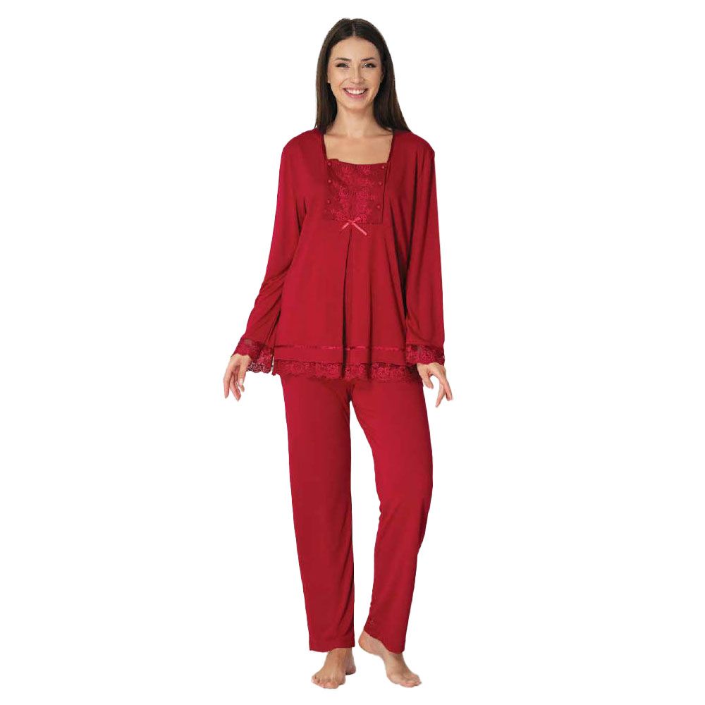 Mini Plum - Lace Detail Maternity Pajamas Set - Red