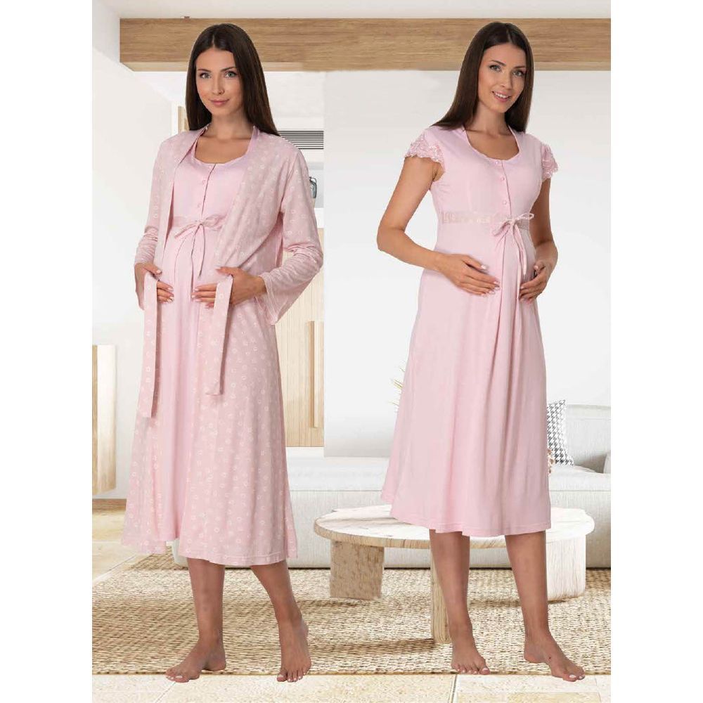 Mini Plum - 2pc-set - Maternity Nightie & Robe - Pink