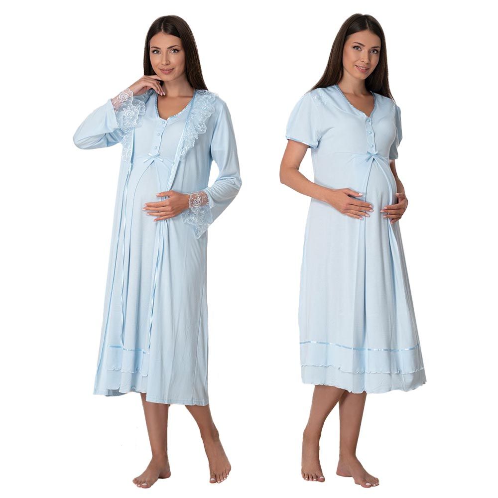 Mini Plum - 2pc-Set Lace Maternity Nightie w/ Robe - Blue