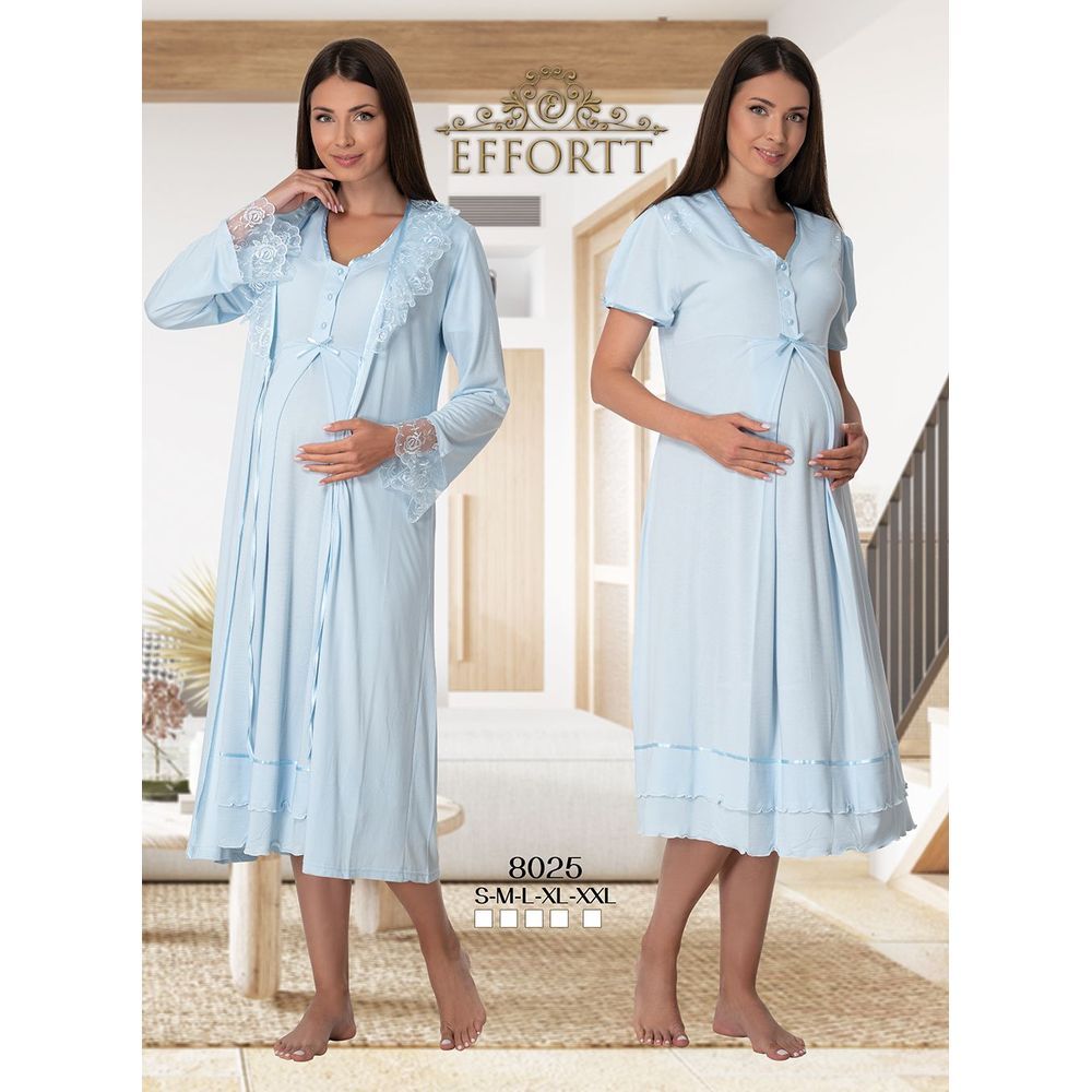 Mini Plum - 2pc-Set Lace Maternity Nightie w/ Robe - Blue