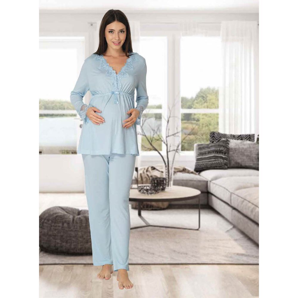 Mini Plum - Maternity Pajamas Set w/ Lace Details - Blue