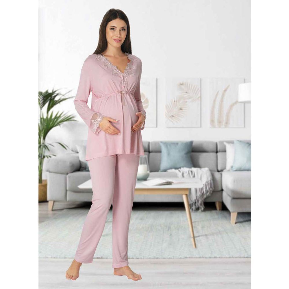 Mini Plum - Maternity Pajamas Set w/ Lace Details - Pink