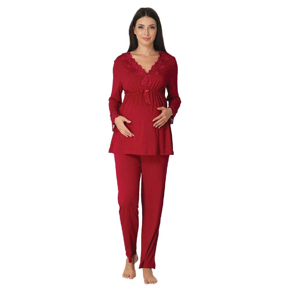 Mini Plum - Maternity Pajamas Set w/ Lace Details - Red