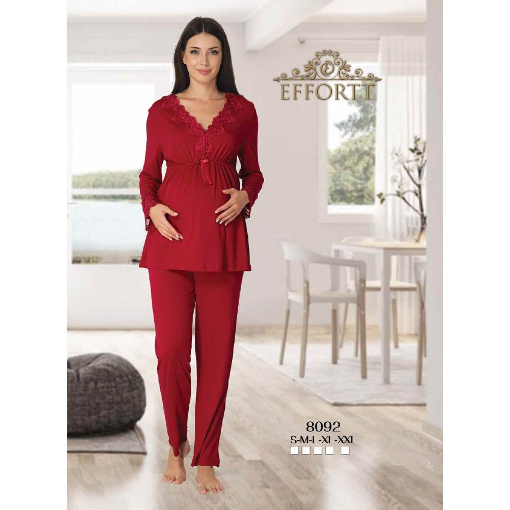 Mini Plum - Maternity Pajamas Set w/ Lace Details - Red