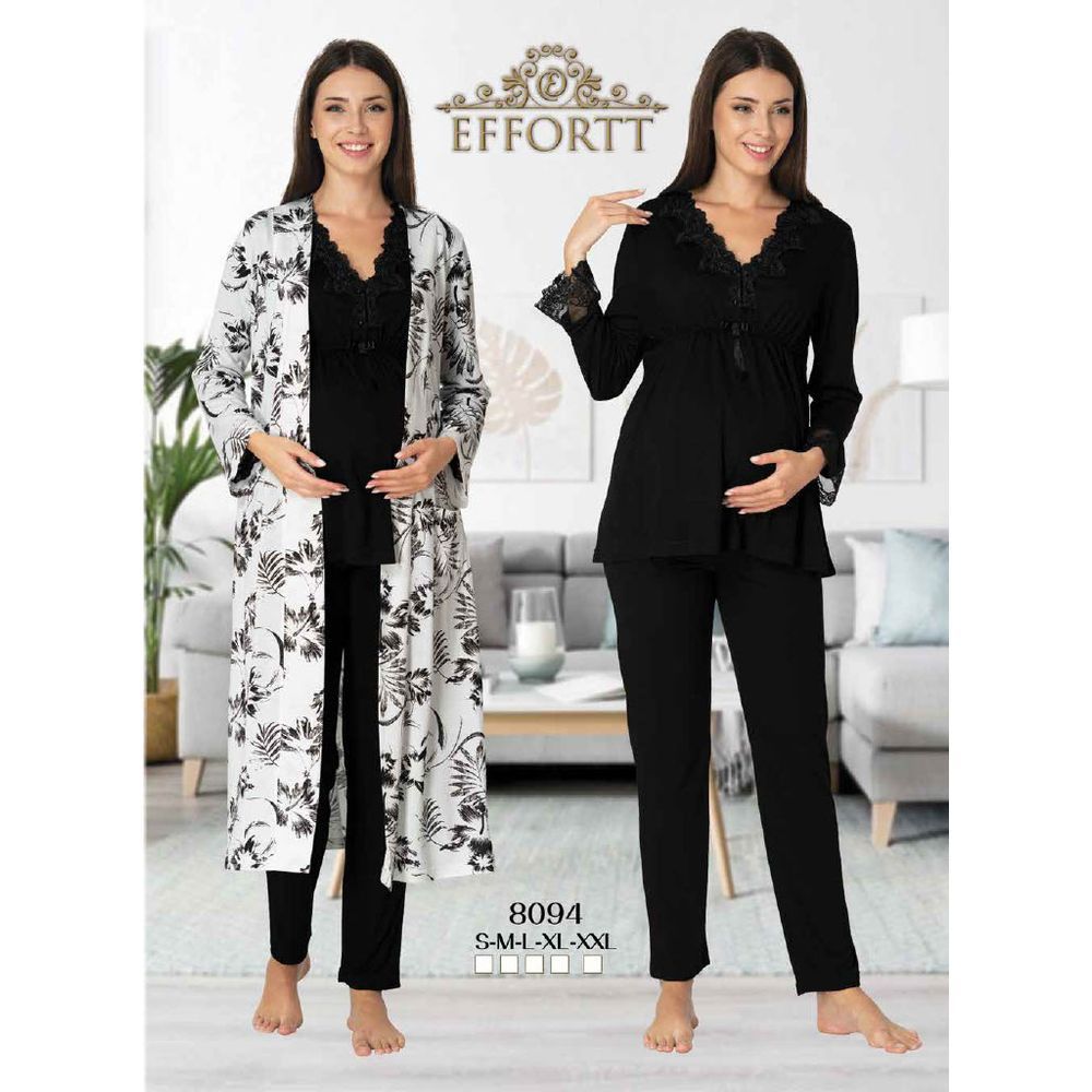 Mini Plum - 3pc-set - Lace Maternity PJ Set w/ Robe - Black