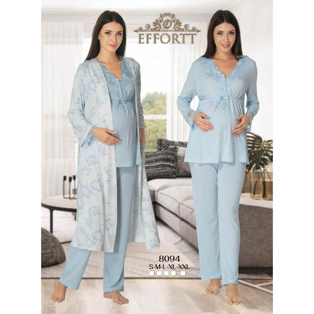 Mini Plum - 3pc-set - Lace Maternity PJ Set w/ Robe - Blue