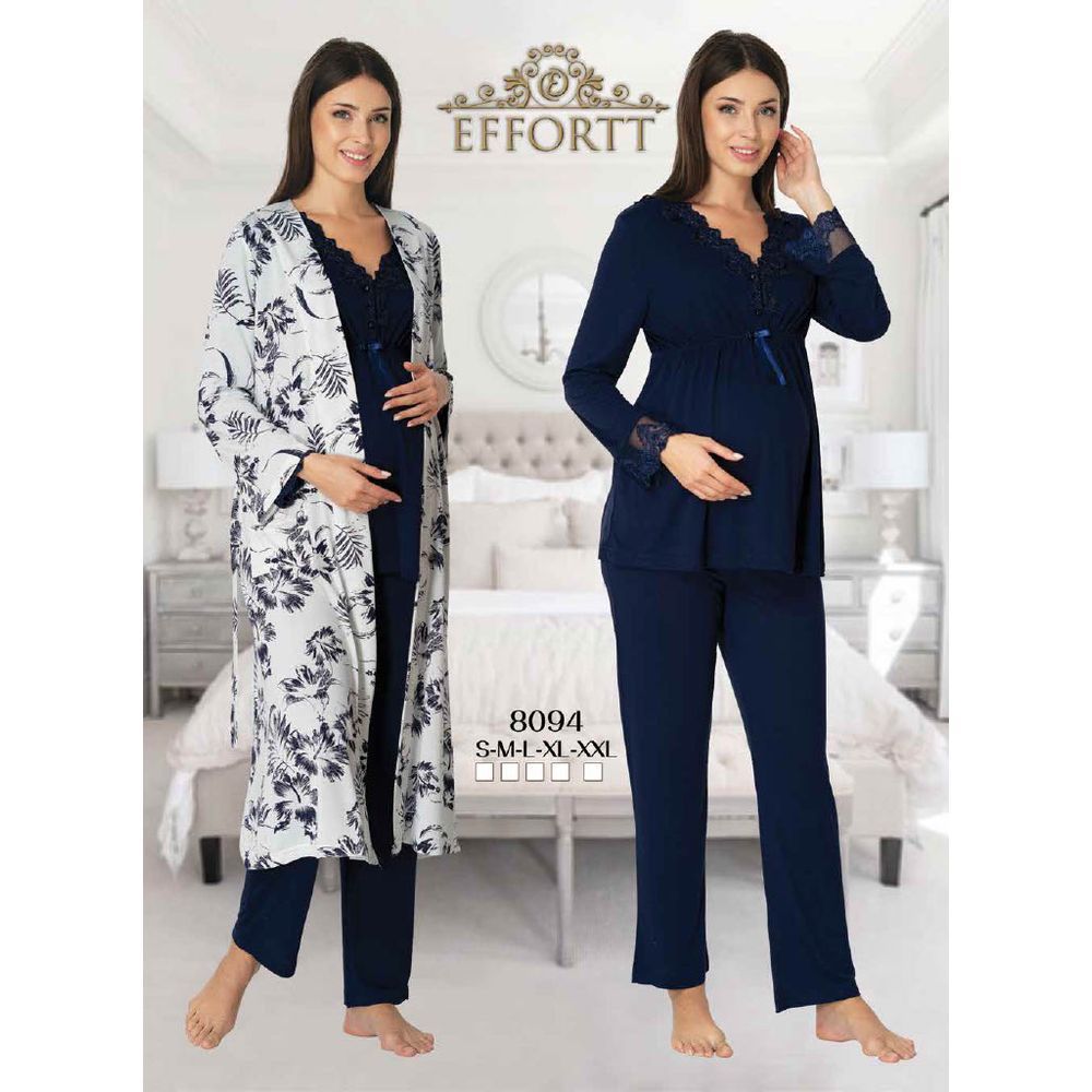 Mini Plum - 3pc-set - Lace Maternity PJ Set w/ Robe - Navy