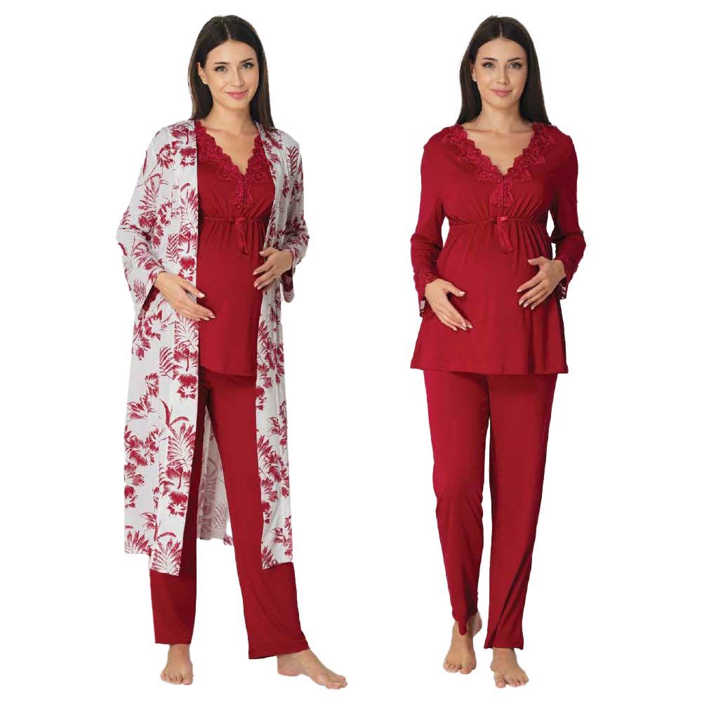 Mini Plum - 3pc-set - Lace Maternity PJ Set w/ Robe - Red