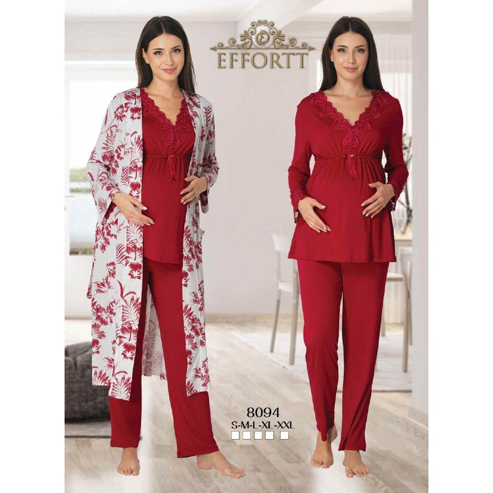 Mini Plum - 3pc-set - Lace Maternity PJ Set w/ Robe - Red