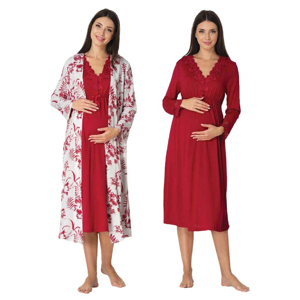 Mini Plum - 2pc-set - Maternity Nightie & Robe Set - Red