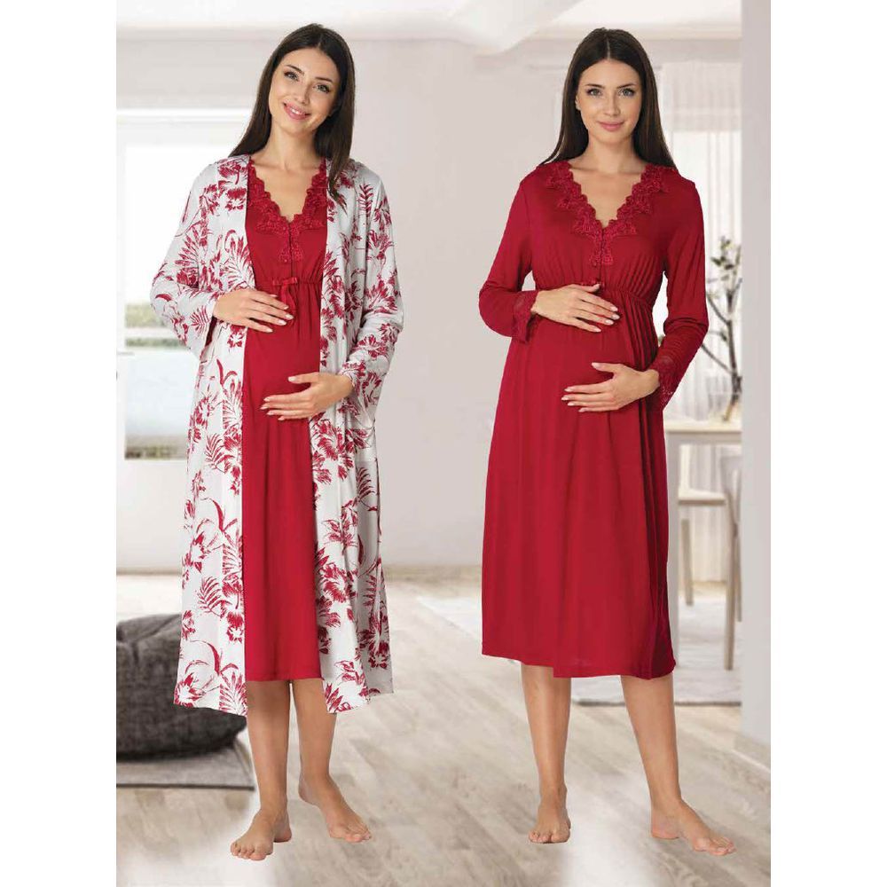 Mini Plum - 2pc-set - Maternity Nightie & Robe Set - Red