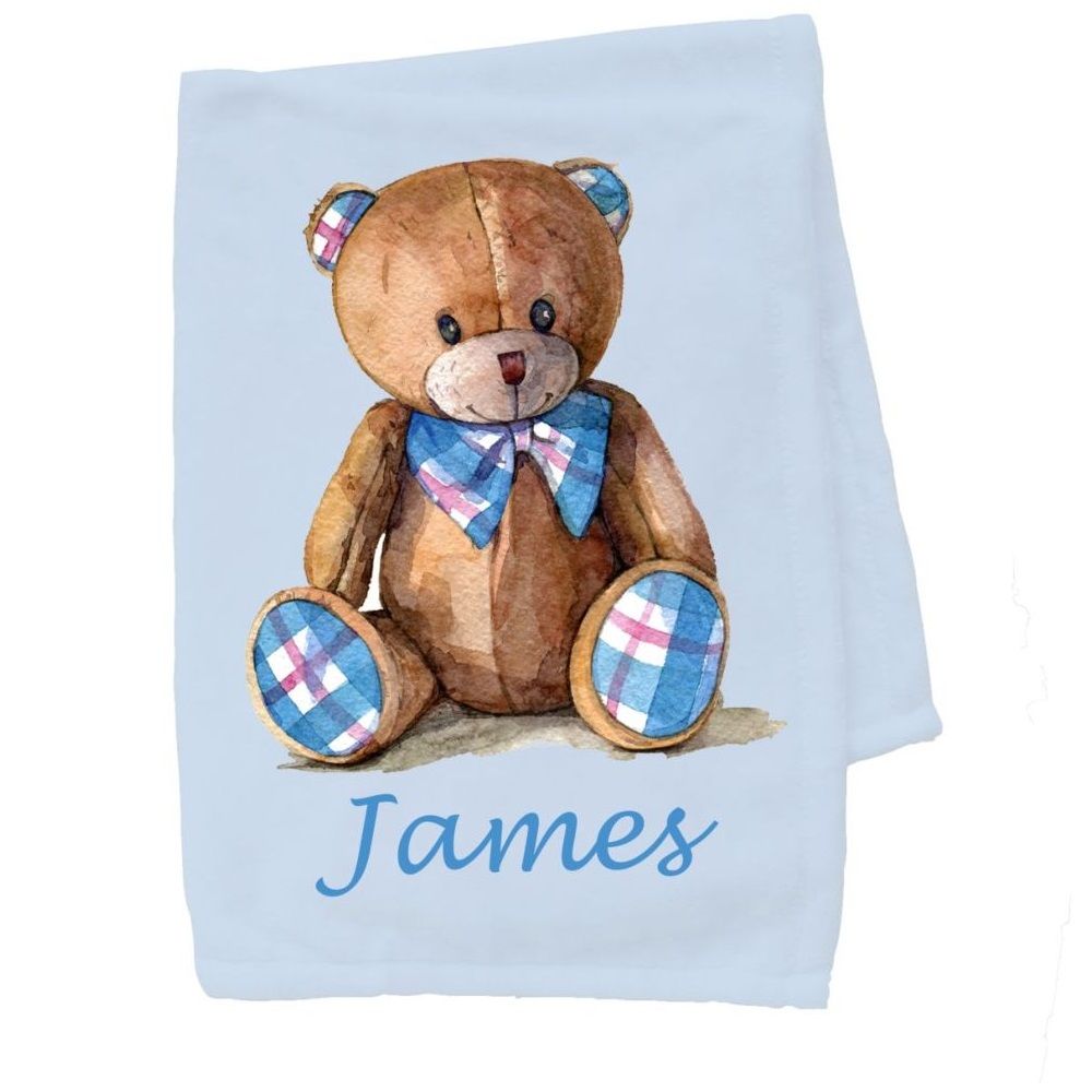 Mini Plum - Personalised Blue Teddy Baby Blanket - White