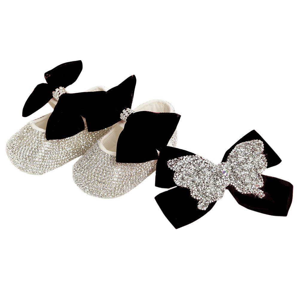 Mini Plum - Girls Crystal Black Bow Shoes And Headband