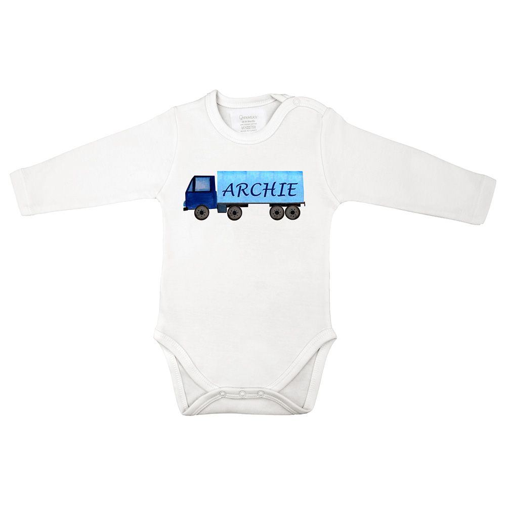 Mini Plum - Blue Truck Personalized Baby Bodysuit