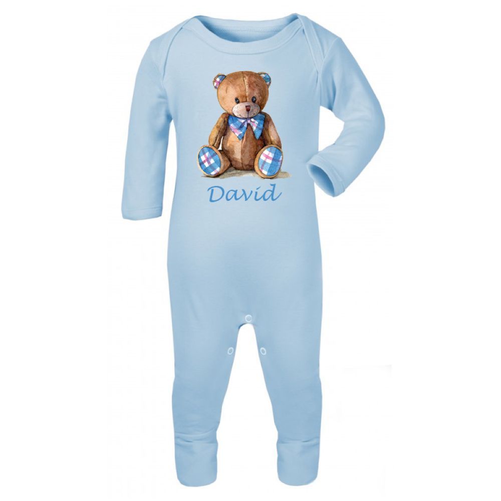 Mini Plum - Personalised Teddy With Name Romper - Blue