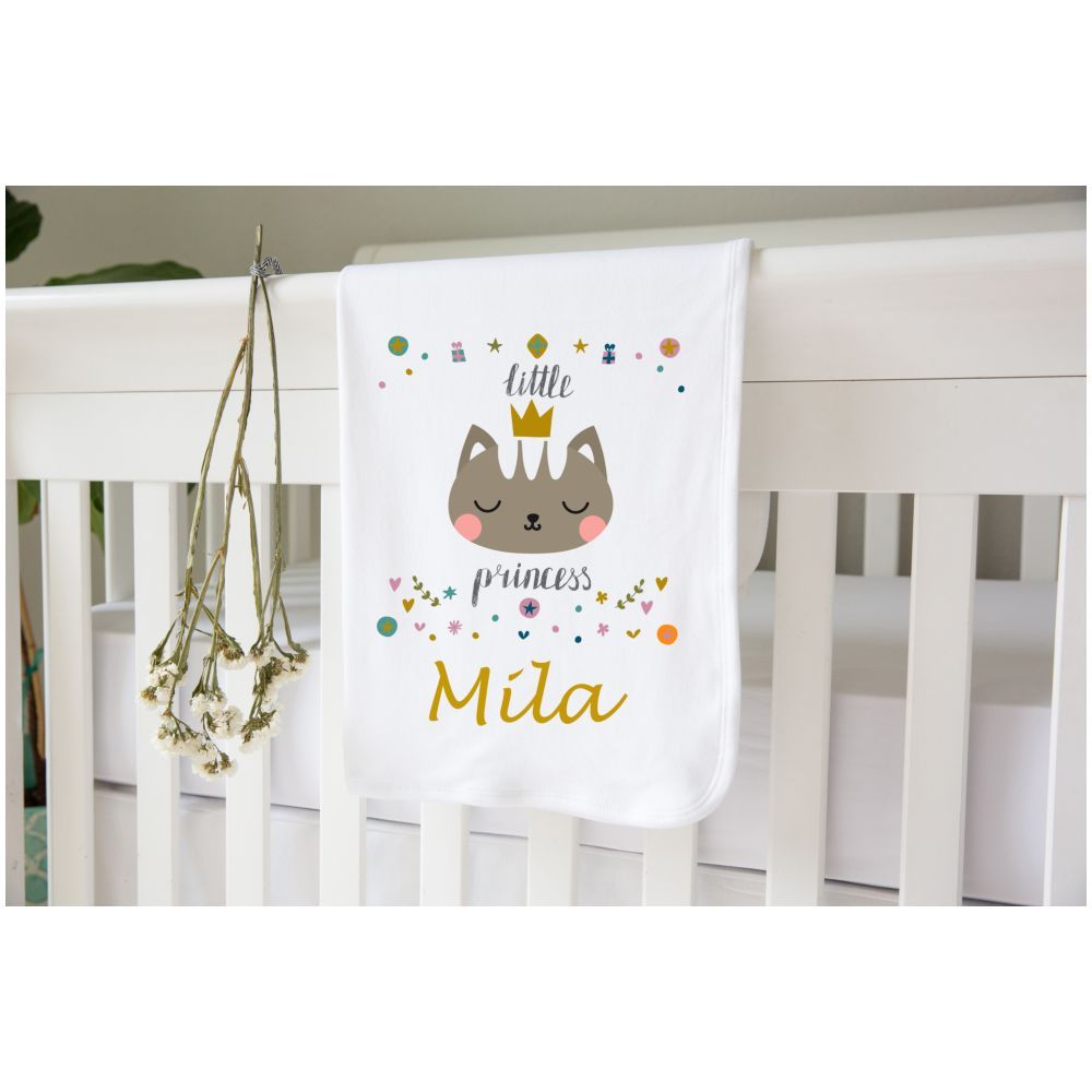 Mini Plum - Personalised Cat Baby Blanket - White