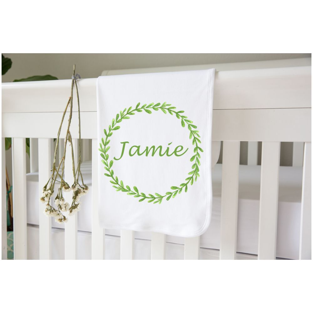 Mini Plum - Personalised Green Wreath Baby Blanket - White