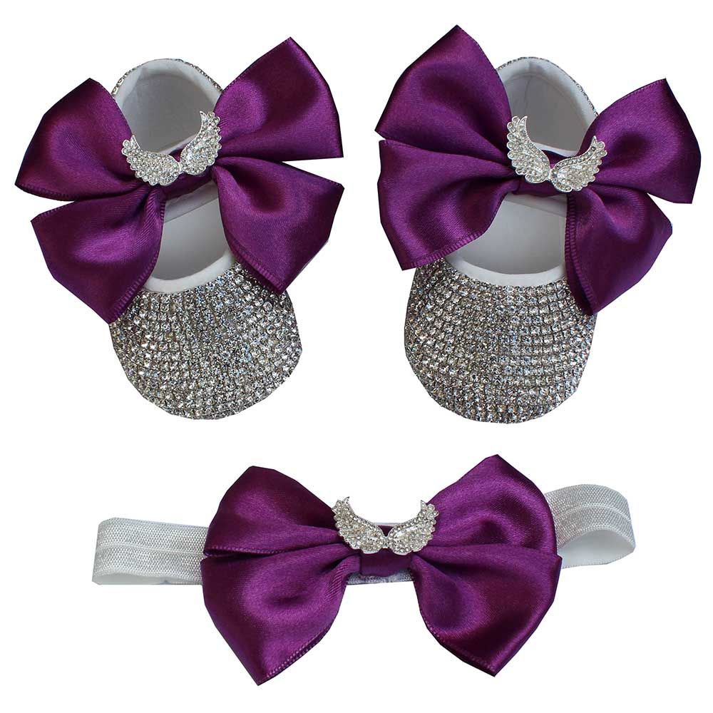 Mini Plum - Girls Crystal Purple Bow Shoes And Headband