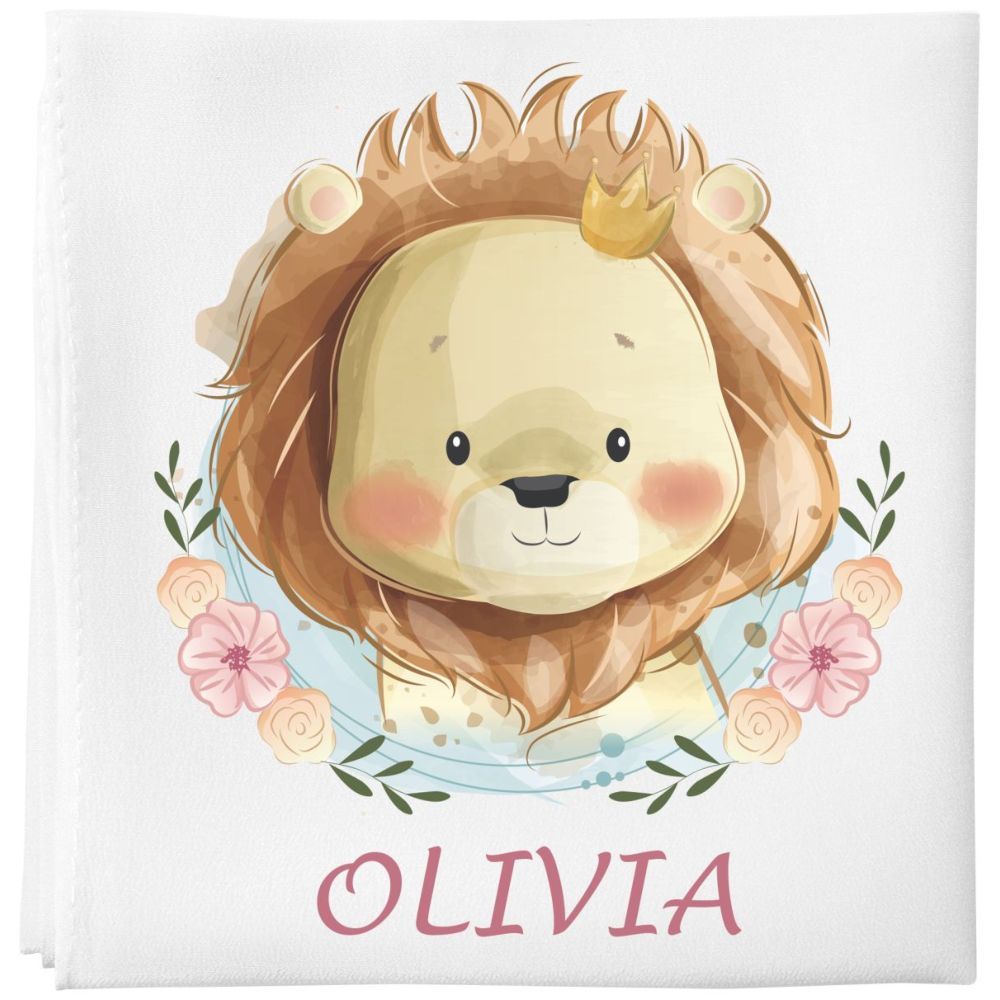 Mini Plum - Personalised Cute Lion Baby Blanket - White