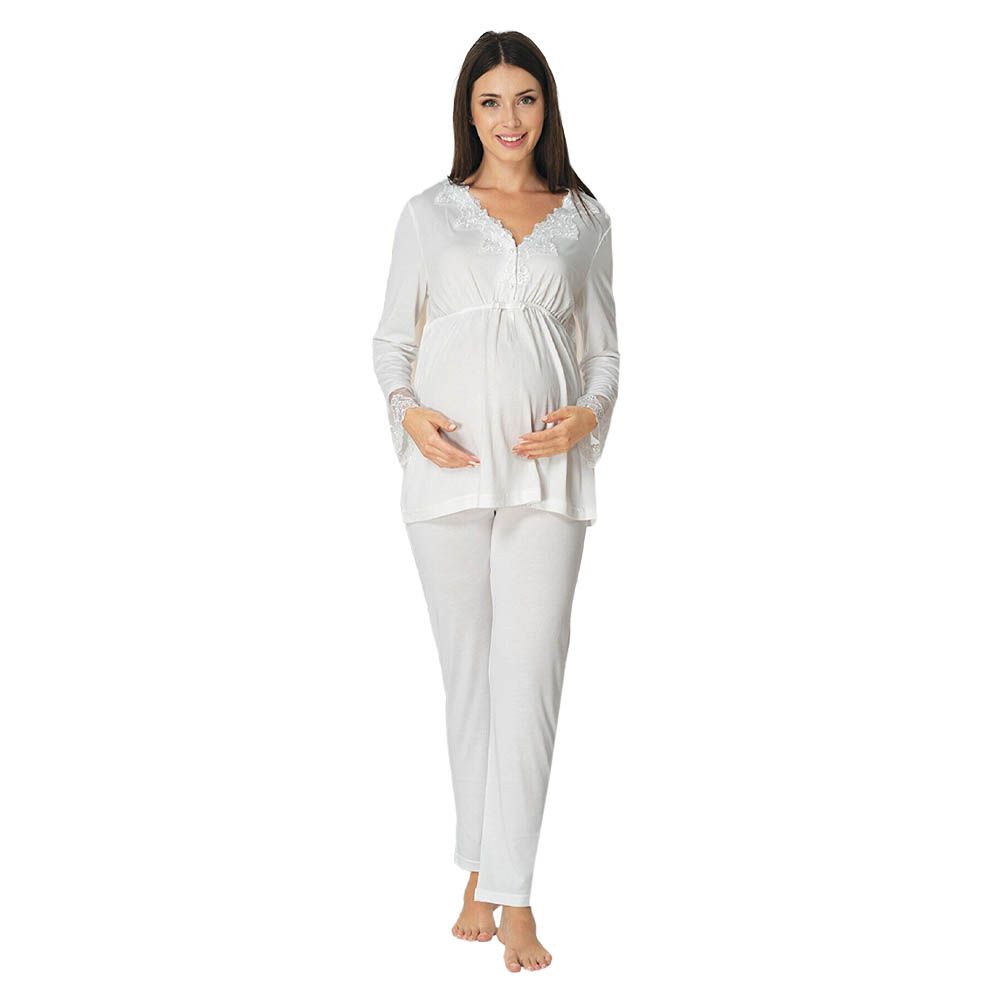 Mini Plum - Lace Maternity Pajamas - Cloud White