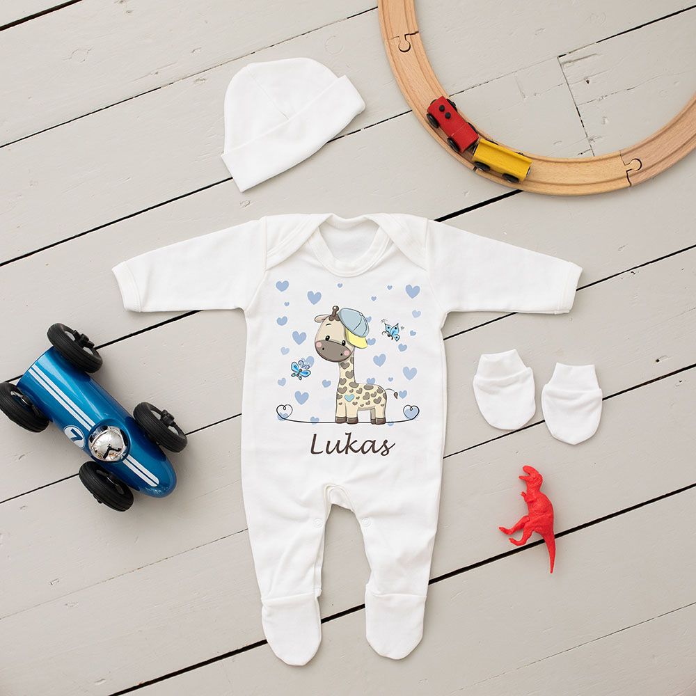 Mini Plum - 7pc-Set - Personalised Baby Giraffe Outfit - White