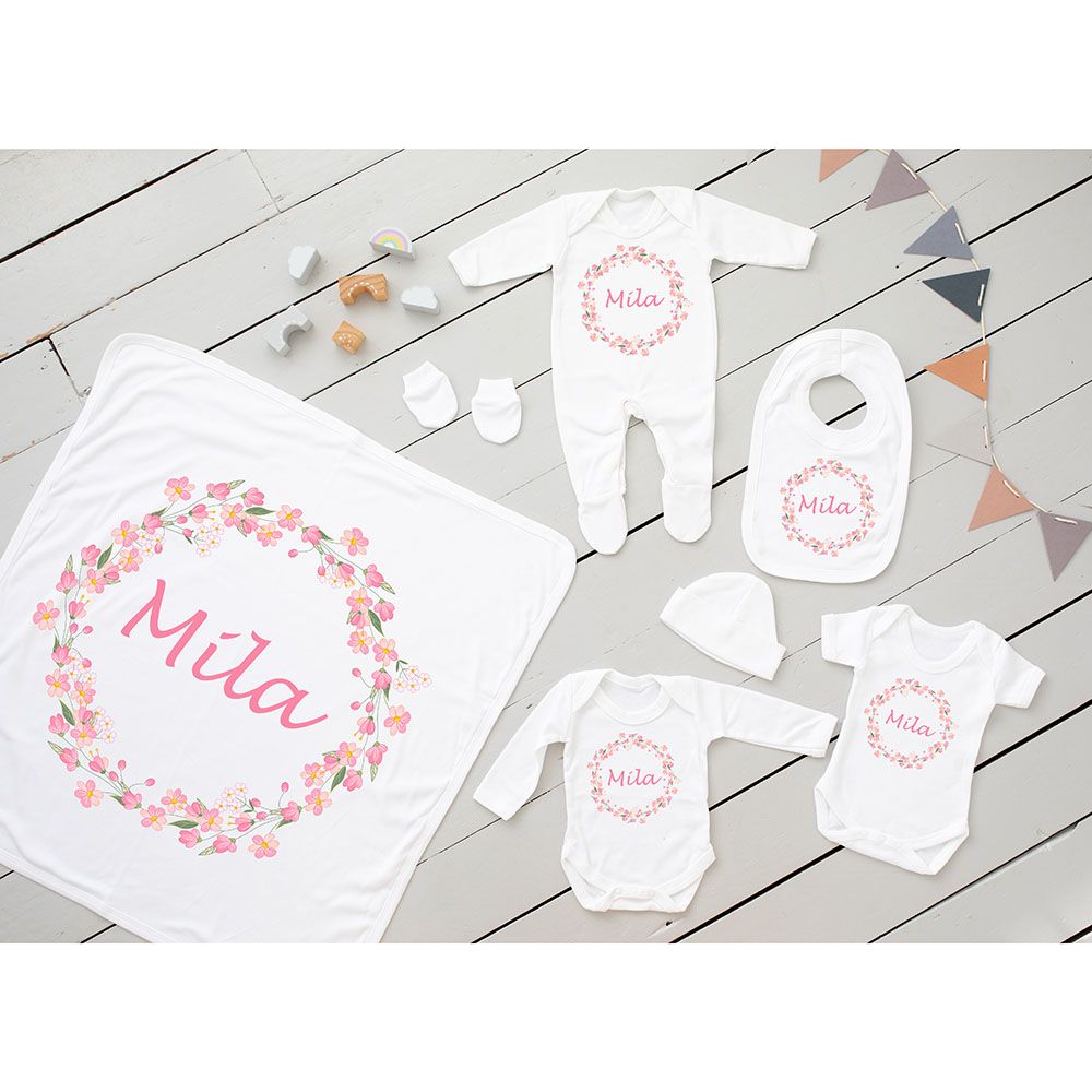 Mini Plum - 7pc-Set - Personalised Pink Wreath Outfit - White