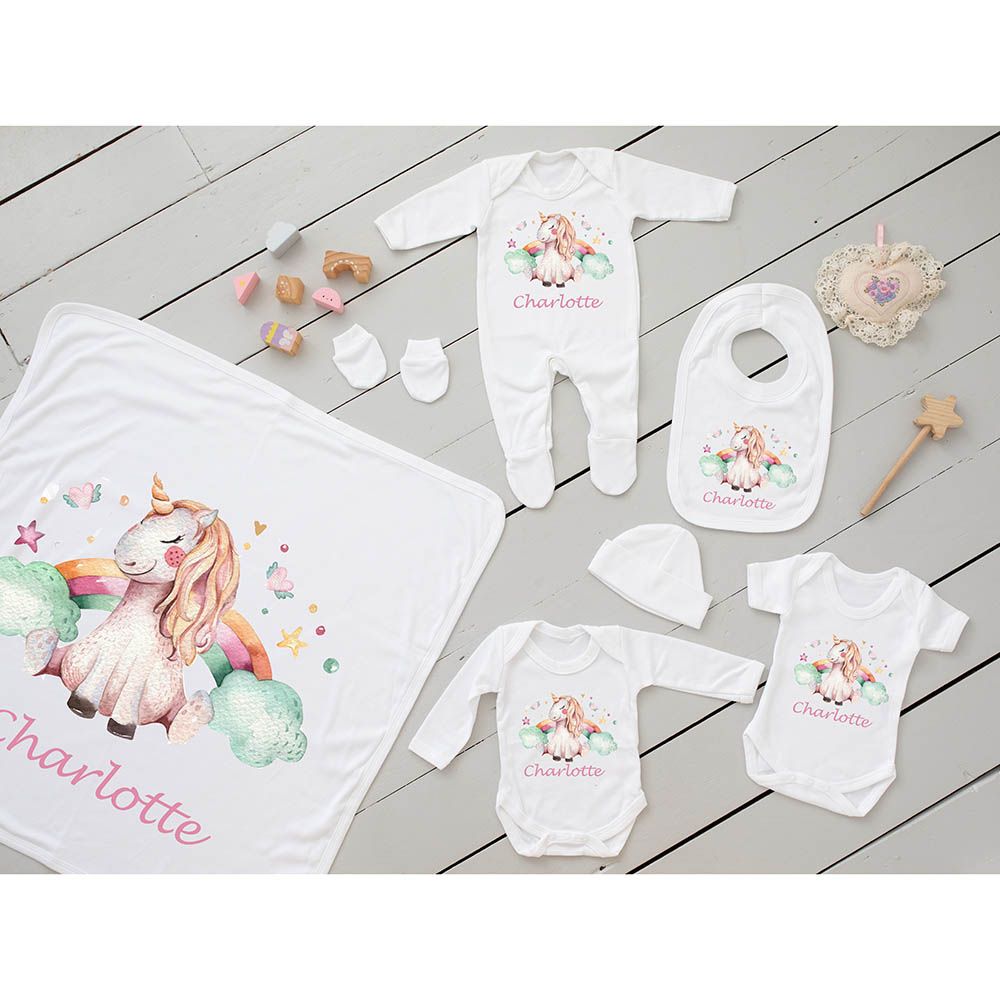 Mini Plum - 7pc-Set - Personalised Unicorn Outfit - White