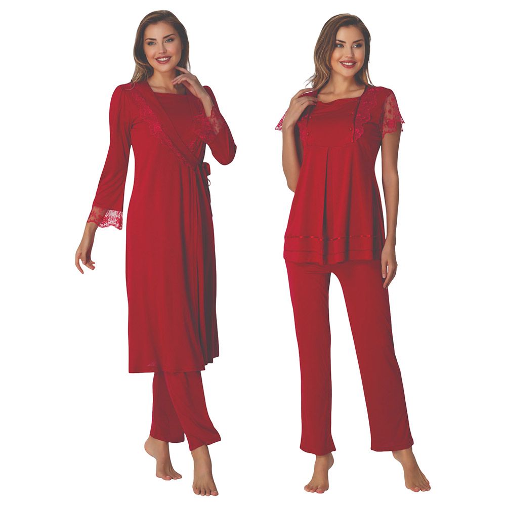 Mini Plum - 3pc-Set - Maternity Pjyamas W/ Lace Sleeves - Red