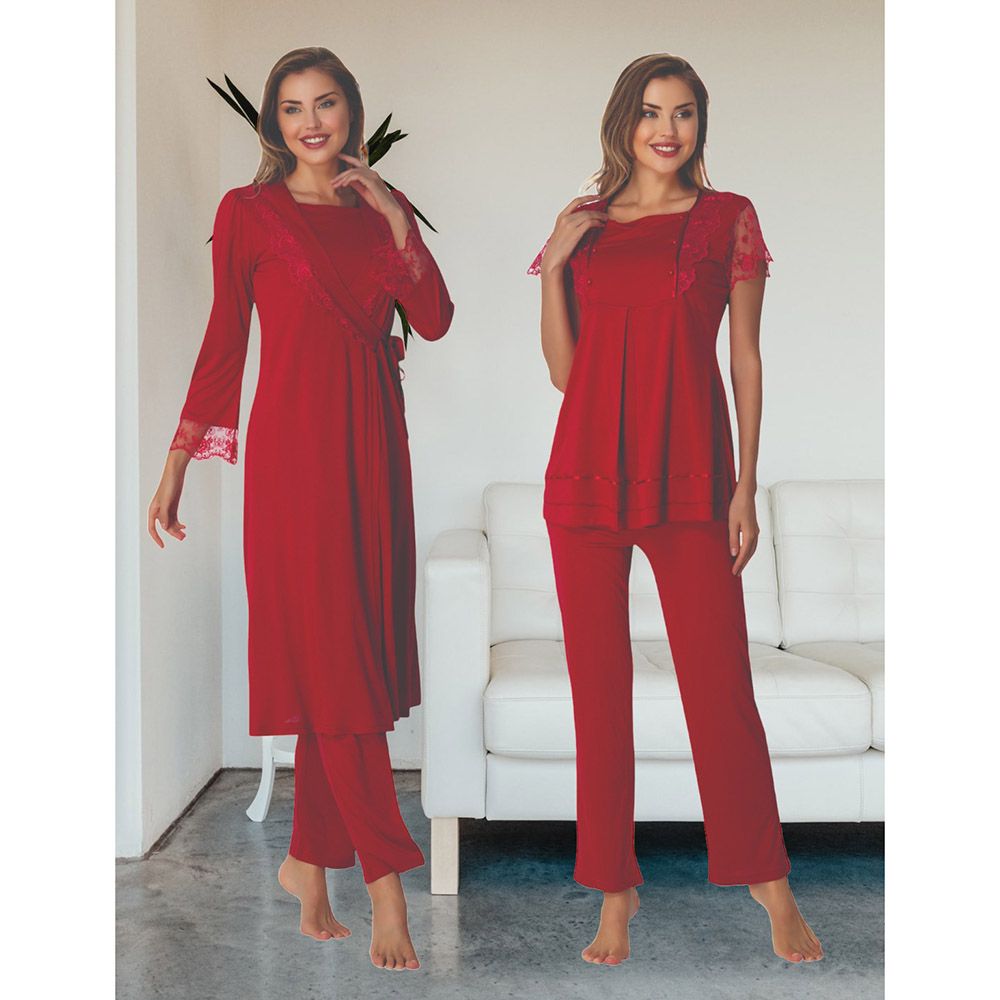 Mini Plum - 3pc-Set - Maternity Pjyamas W/ Lace Sleeves - Red