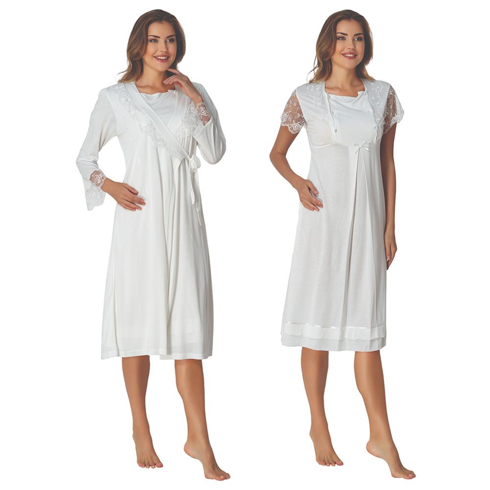 Mini Plum - 2pc-Set - Maternity Nightwear W/ Lace - White