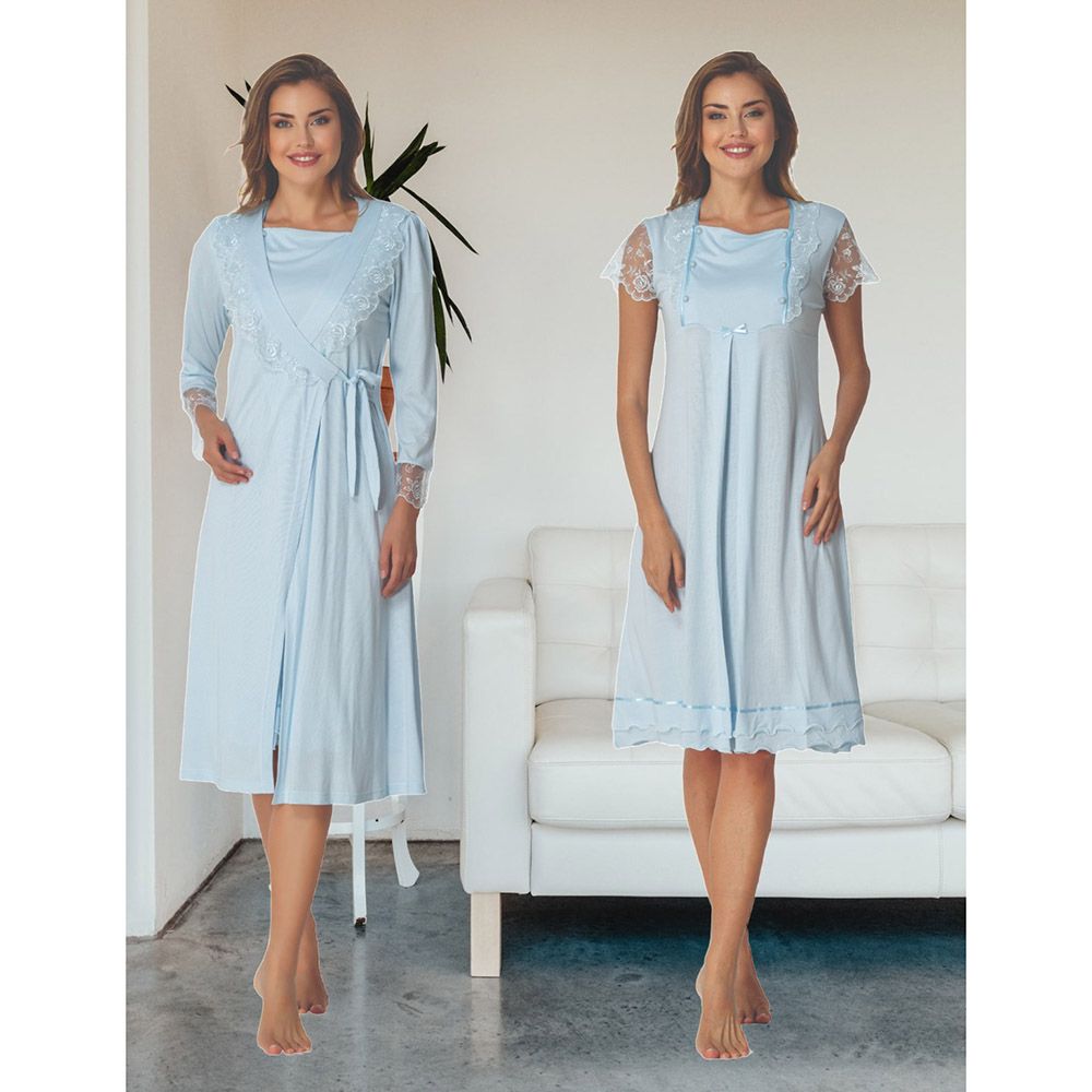 Mini Plum - 2pc-Set - Maternity Nightwear W/ Lace Sleeves - Blue