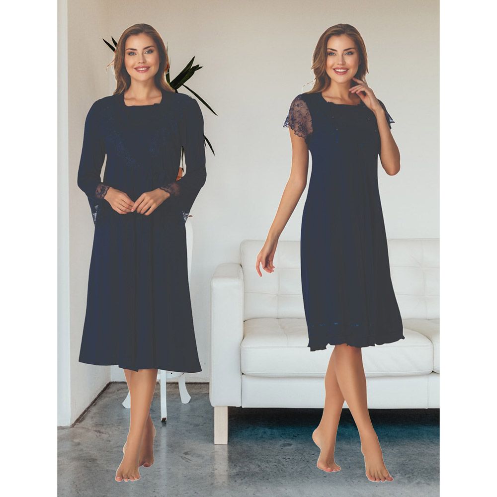 Mini Plum - 2pc-Set - Lace Sleeves Maternity Nightwear - Navy